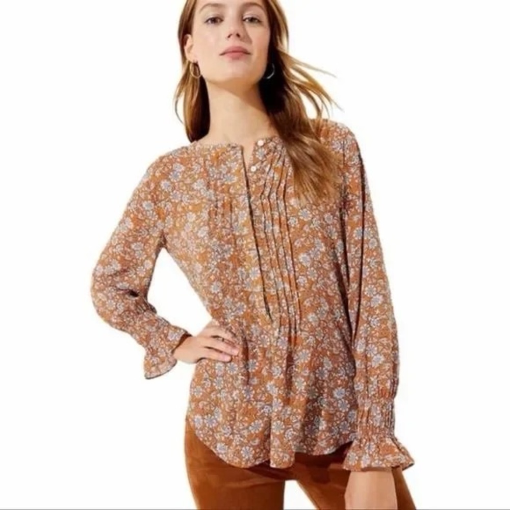 LOFT Mustard Floral Print Long Sleeve Ruffle Top